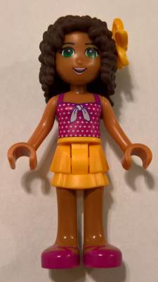 Andrea, Bright Light Orange Layered Skirt, Magenta Top with White Polka Dots and Bow, Bright Light Orange Flower